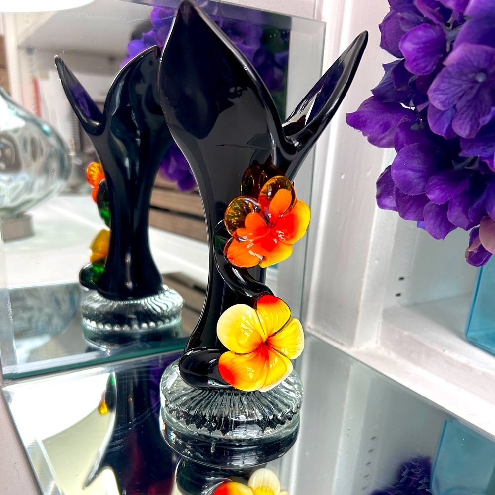 Handblown Deep Amethyst Glass Vase With Blown Glass Flowers 8 & 1/2 Tall Vintage